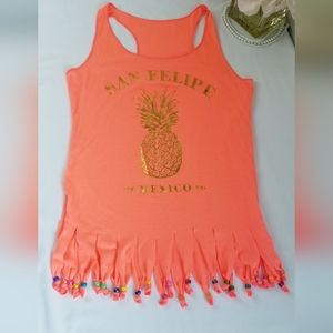 NEW Neon Orange Beaded Fringe Hem Racerback Tank Top / Swimsuit Coverup …